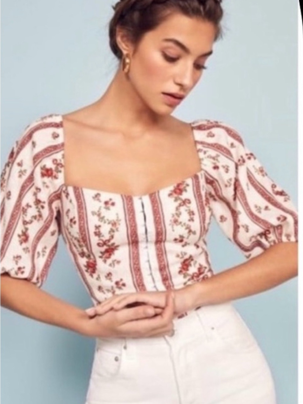 Reformation Romi White Red Floral Linen Top Size 8